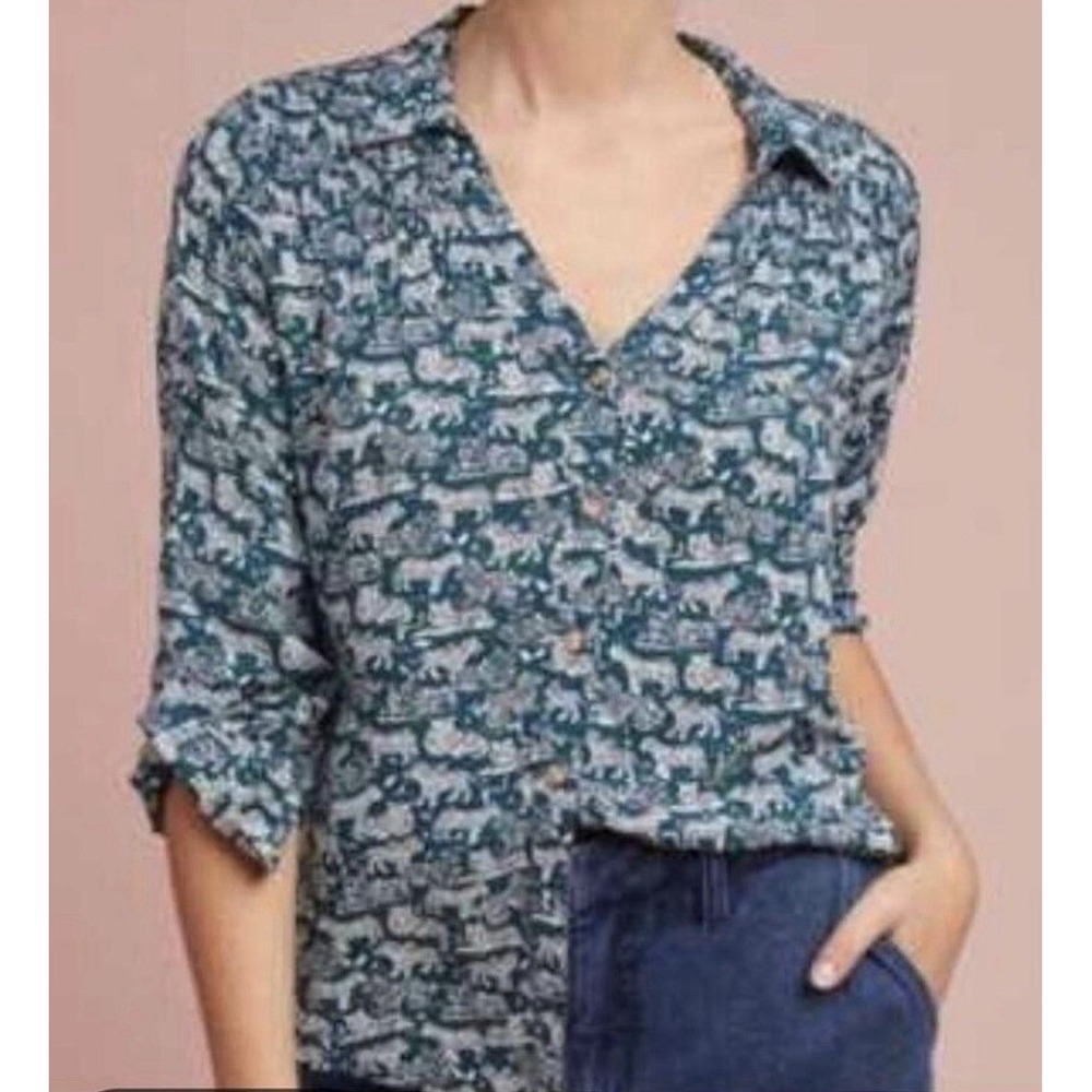 Maeve Anthropologie US 4 Emory Teal Tiger Print Button Front Blouse Top Smocked